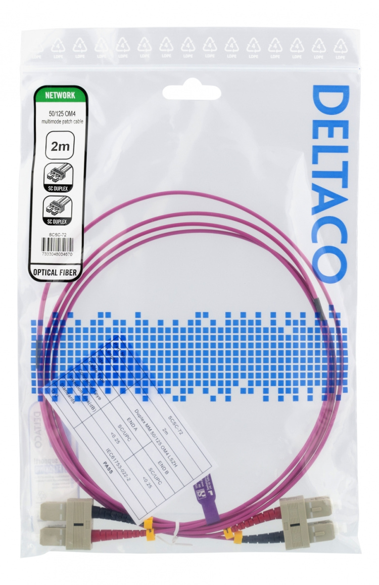 DELTACO Fiberkablage, 2m, SC-SC Duplex, 50/125, rosa