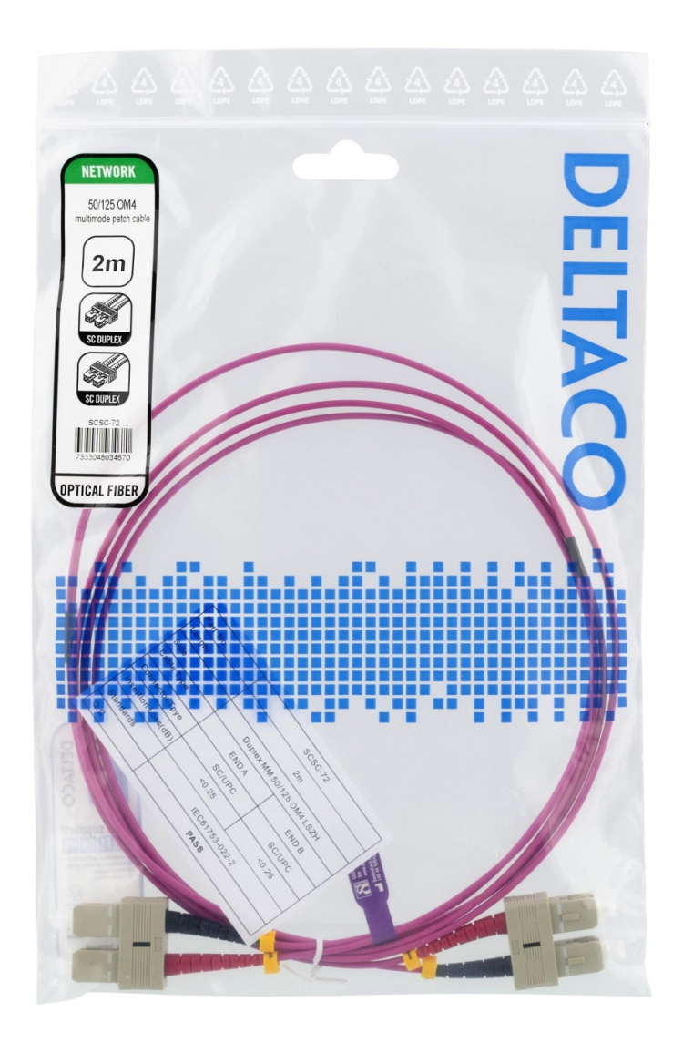 DELTACO Fiberkablage, 2m, SC-SC Duplex, 50/125, rosa