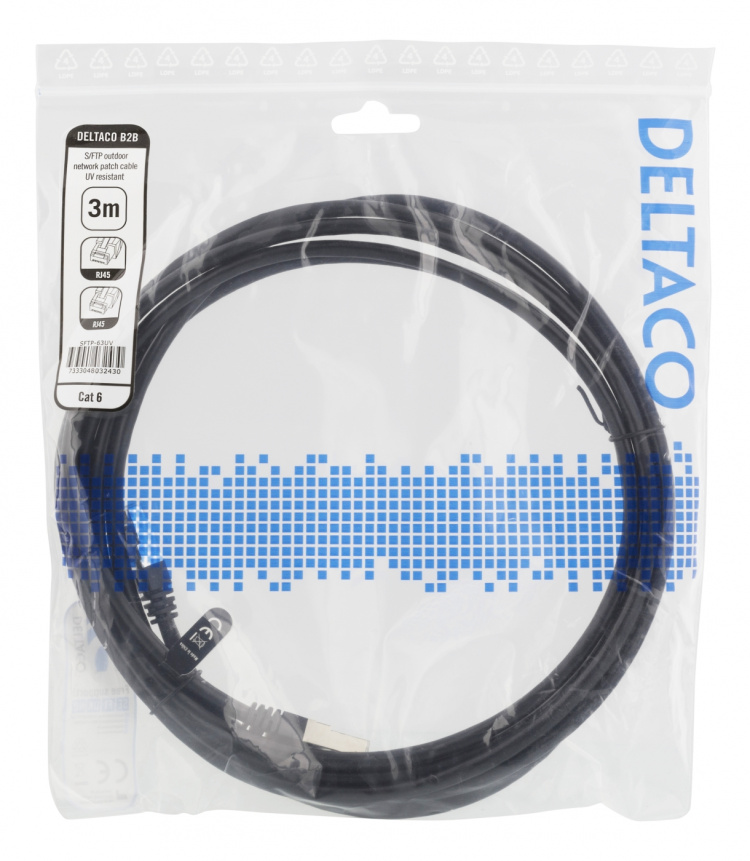 DELTACO S/FTP Cat6 patchkabel, 3m, 250MHz, UV-resistent, svart