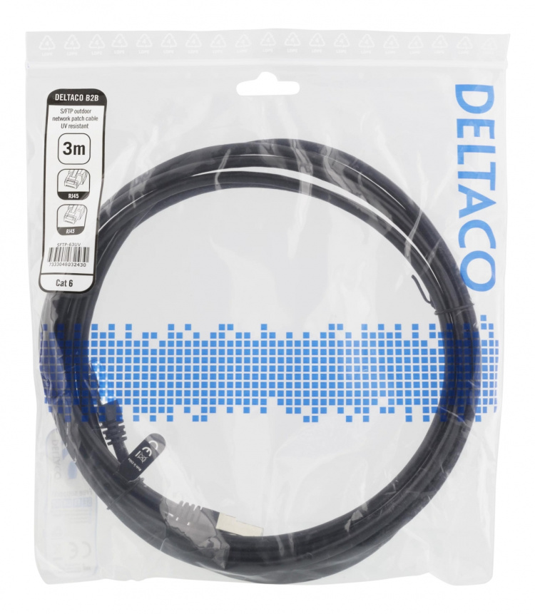 DELTACO S/FTP Cat6 patchkabel, 3m, 250MHz, UV-resistent, svart
