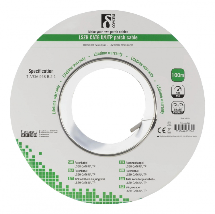 DELTACO U/UTP patchkabel, LSZH, Cat6, 100m, vit