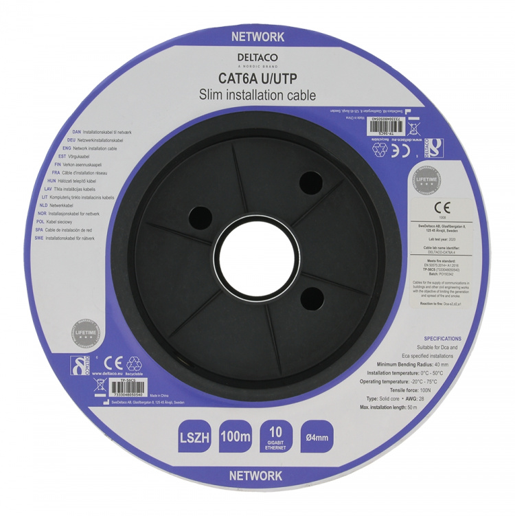 DELTACO U/UTP Cat6a installationskabel, slim 28AWG, 100m, LSZH, vit