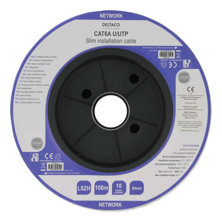 DELTACO U/UTP Cat6a installationskabel, slim 28AWG, 100m, LSZH, vit