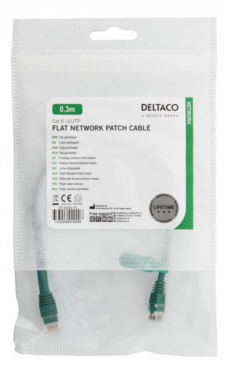 DELTACO U/UTP Cat6 patchkabel, flat, 0,3m, 250MHz, grön