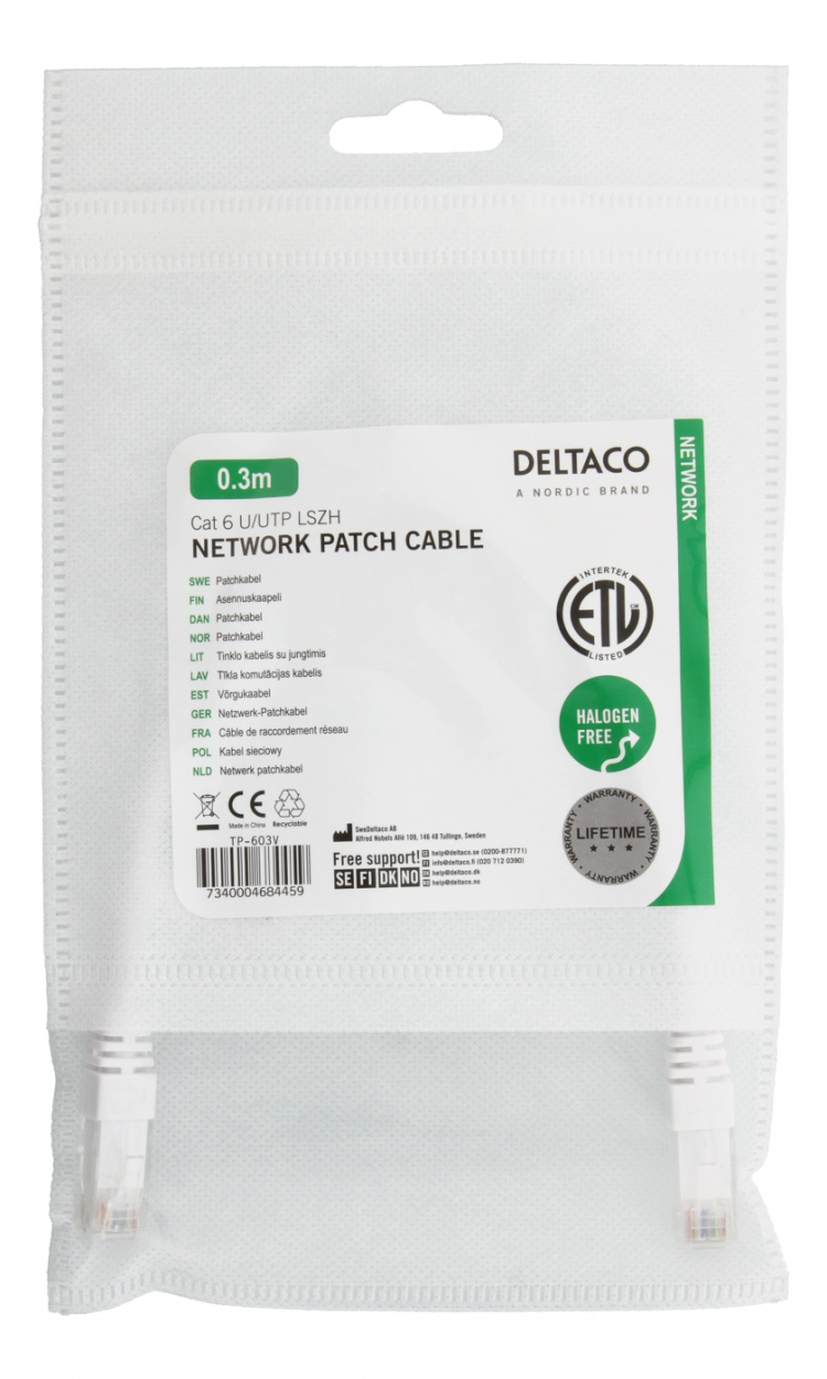 DELTACO U/UTP Cat6 patchkabel, LSZH, 0,5m, vit, 50-pack