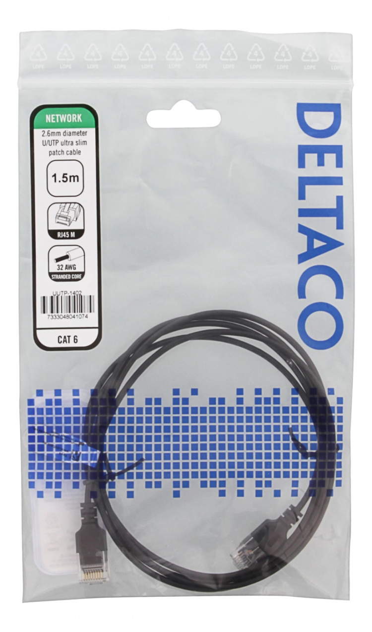 DELTACO Ultra Slim U/UTP Cat.6 patchkabel, 2.6mm, 1,5m, svart