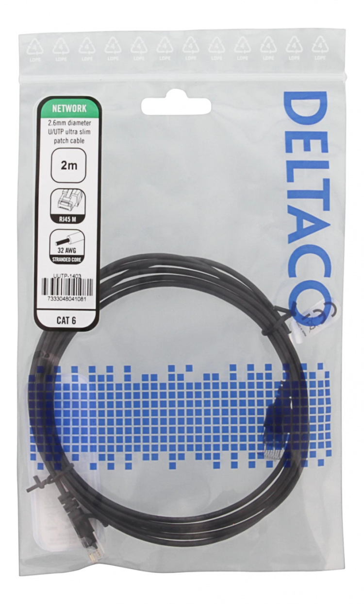 DELTACO Ultra Slim U/UTP Cat.6 patchkabel, 2.6mm, 2m, svart