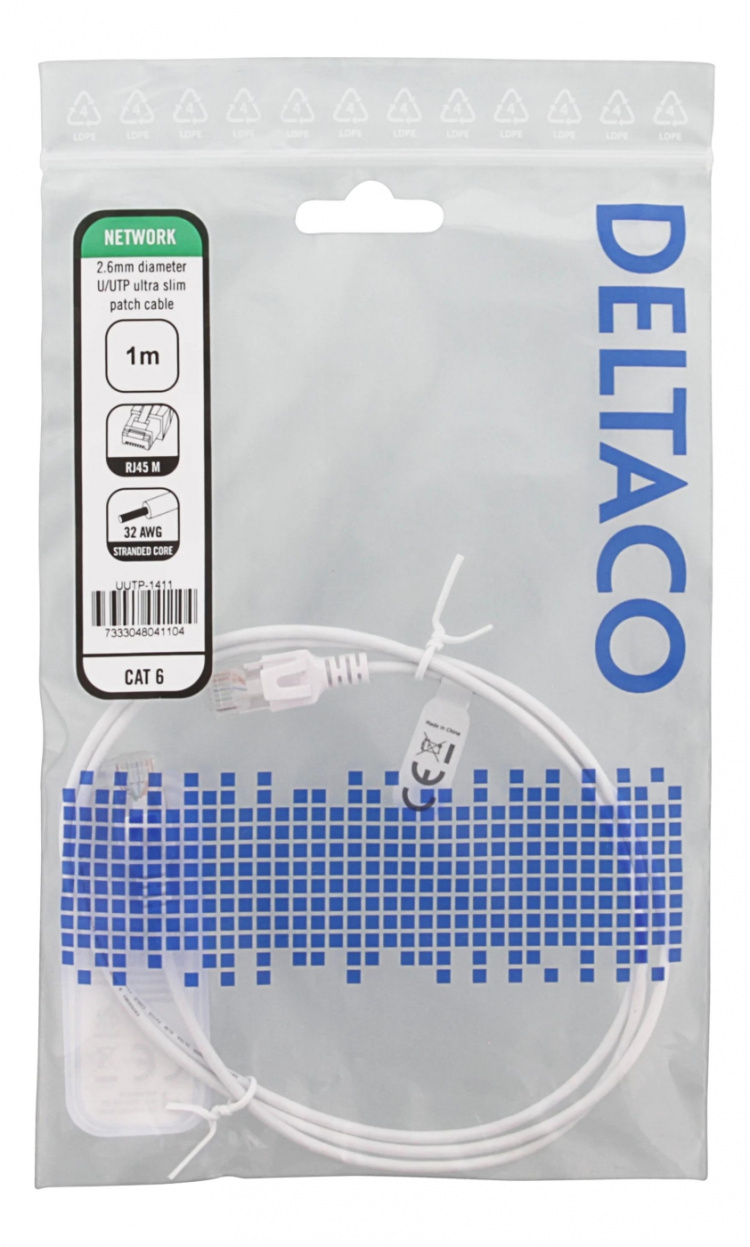 DELTACO Ultra Slim U/UTP Cat.6 patchkabel, 2.6mm, 1m, vit DELTACO Ultra Slim U/UTP Cat.6 patchkabel, 2.6mm, 1m, vit