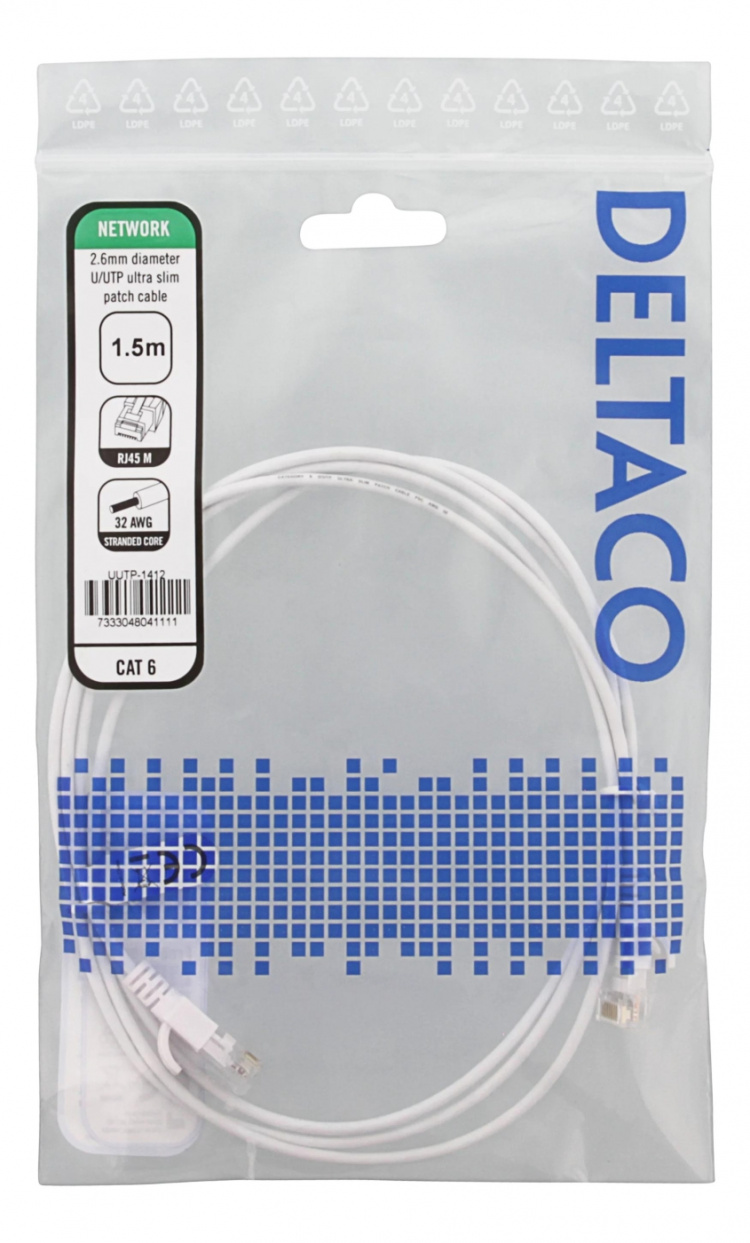 DELTACO Ultra Slim U/UTP Cat.6 patchkabel, 2.6mm, 1,5m, vit