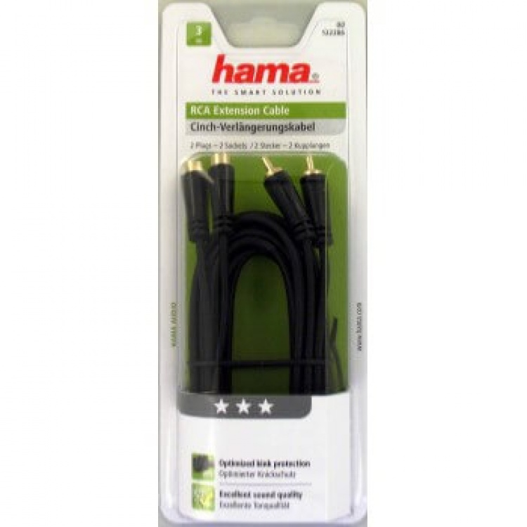 HAMA Audio Extension Cable, 2 RCA plugs - 2 RCA sockets, gold-pl HAMA Audio Extension Cable, 2 RCA plugs - 2 RCA sockets, gold-pl