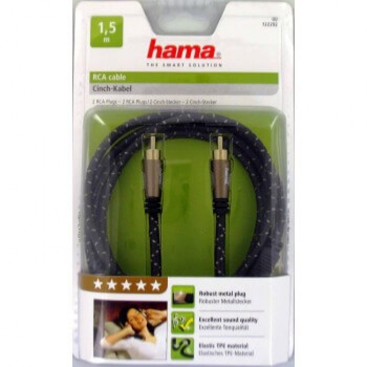 HAMA Audio Cable, 2 RCA plugs - 2 RCA plugs, metal, gold-plated,
