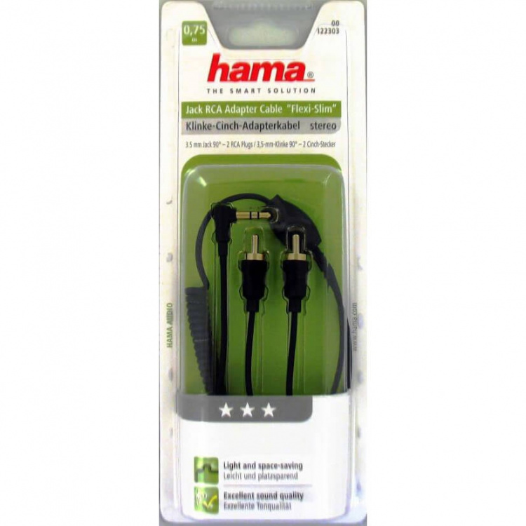 HAMA Flexi-Slim Coiled Cable, 3.5 mm stereo jack plug 90° - 2 RC
