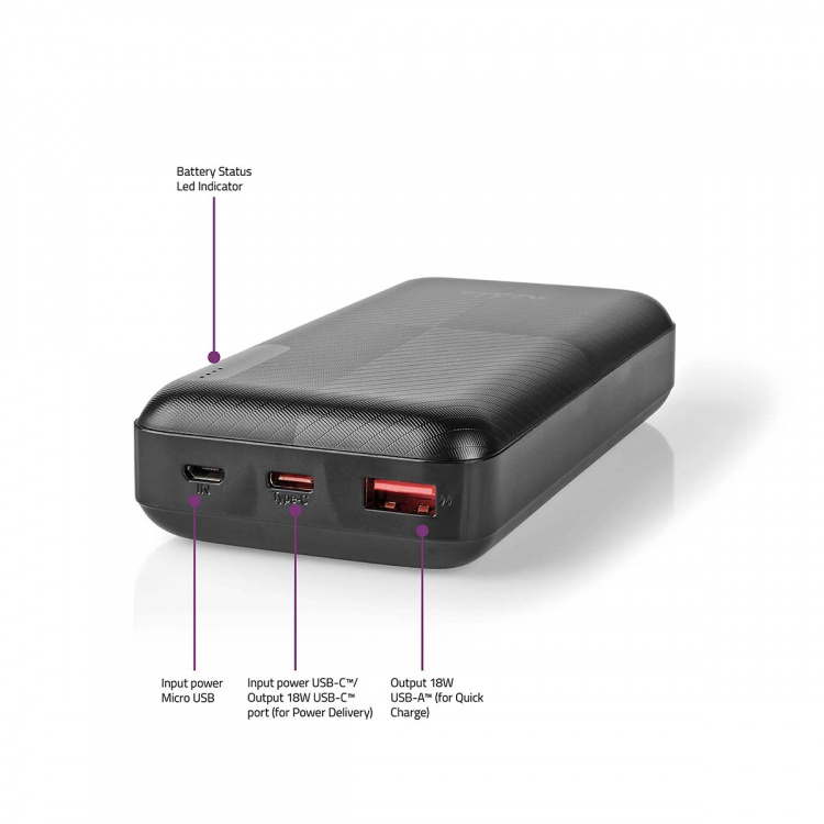 Nedis Powerbank | 20000 mAh | 1.5 / 2.0 / 3.0 A | Outputs: 2 | Output: 1x USB-A / 1x USB-C™ | Inputs: 1x Micro USB / 1x USB-C™ | PD2.0 18W | Lithium-Polymeer Nedis Powerbank | 20000 mAh | 1.5 / 2.0 / 3.0 A | Outputs: 2 | Output: 1x USB-A / 1x USB-C™ | Inputs: 1x Micro USB / 1x USB-C™ | PD2.0 18W | Lithium-Polymeer