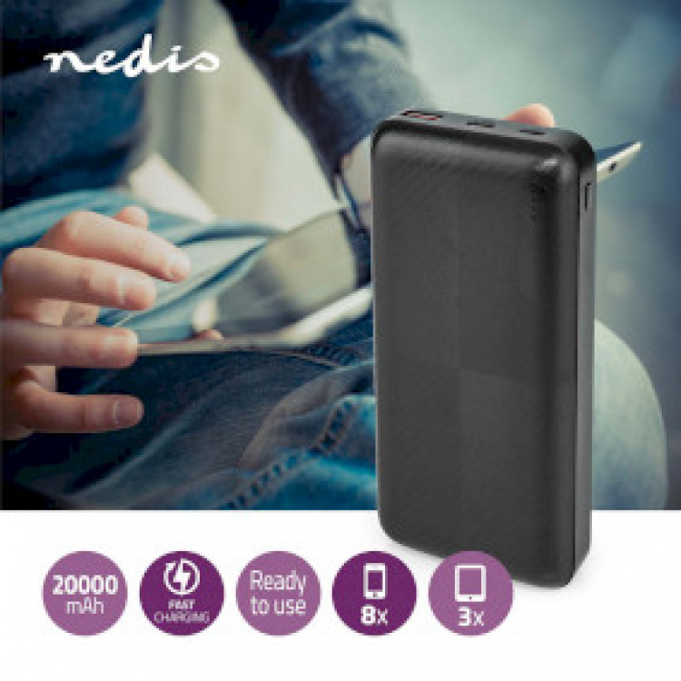 Nedis Powerbank | 20000 mAh | 1.5 / 2.0 / 3.0 A | Outputs: 2 | Output: 1x USB-A / 1x USB-C™ | Inputs: 1x Micro USB / 1x USB-C™ | PD2.0 18W | Lithium-Polymeer Nedis Powerbank | 20000 mAh | 1.5 / 2.0 / 3.0 A | Outputs: 2 | Output: 1x USB-A / 1x USB-C™ | Inputs: 1x Micro USB / 1x USB-C™ | PD2.0 18W | Lithium-Polymeer