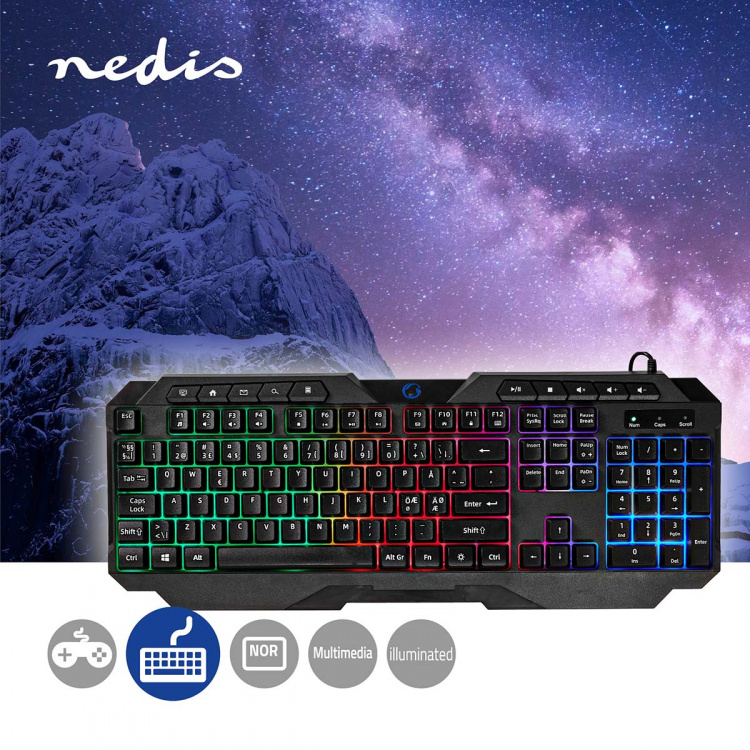Nedis Bedraad Gaming Toetsenbord | USB Type-A | Membrane Toetsen | LED | QWERTY | Scandinavisch | USB Gevoed | Lengte stroomkabel: 1.30 m | Multimedia