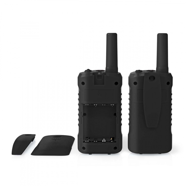 Nedis Walkie talkie Set | 2 Handsets | Tot 6 km | Frequentiekanalen: 8 | PTT / VOX | 180 min | Koptelefoonoutput | 2 Headsets | Zwart