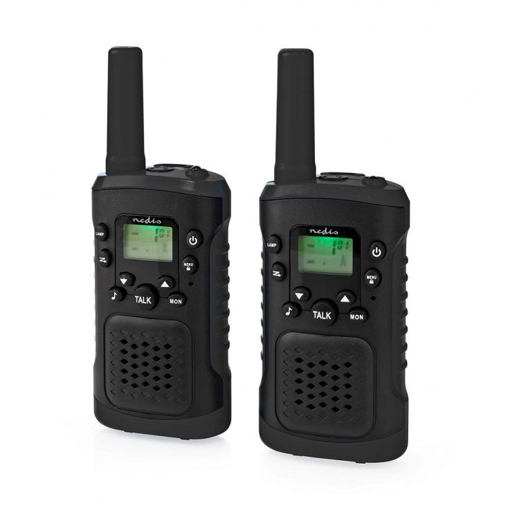 Nedis Walkie talkie Set | 2 Handsets | Tot 6 km | Frequentiekanalen: 8 | PTT / VOX | 180 min | Koptelefoonoutput | 2 Headsets | Zwart