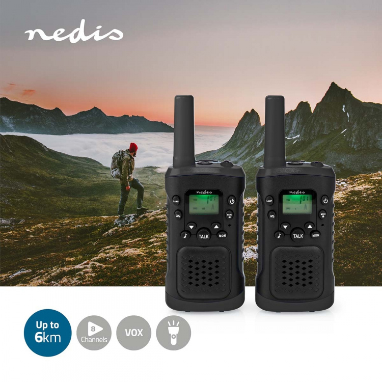 Nedis Walkie talkie Set | 2 Handsets | Tot 6 km | Frequentiekanalen: 8 | PTT / VOX | 180 min | Koptelefoonoutput | 2 Headsets | Zwart