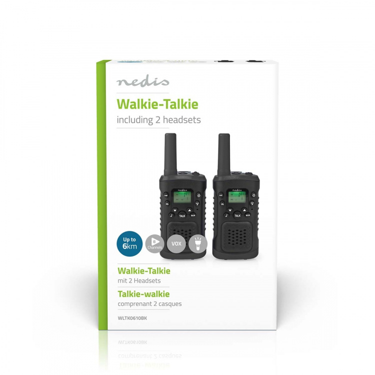 Nedis Walkie talkie Set | 2 Handsets | Tot 6 km | Frequentiekanalen: 8 | PTT / VOX | 180 min | Koptelefoonoutput | 2 Headsets | Zwart