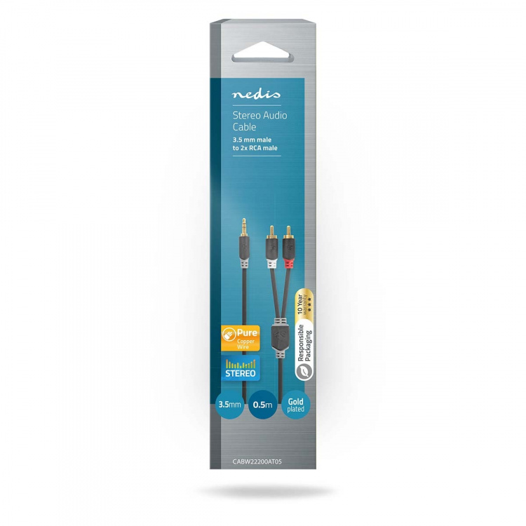 Nedis Stereo-Audiokabel | 3,5 mm Male | 2x RCA Male | Verguld | 0.50 m | Rond | Antraciet | Doos Nedis Stereo-Audiokabel | 3,5 mm Male | 2x RCA Male | Verguld | 0.50 m | Rond | Antraciet | Doos