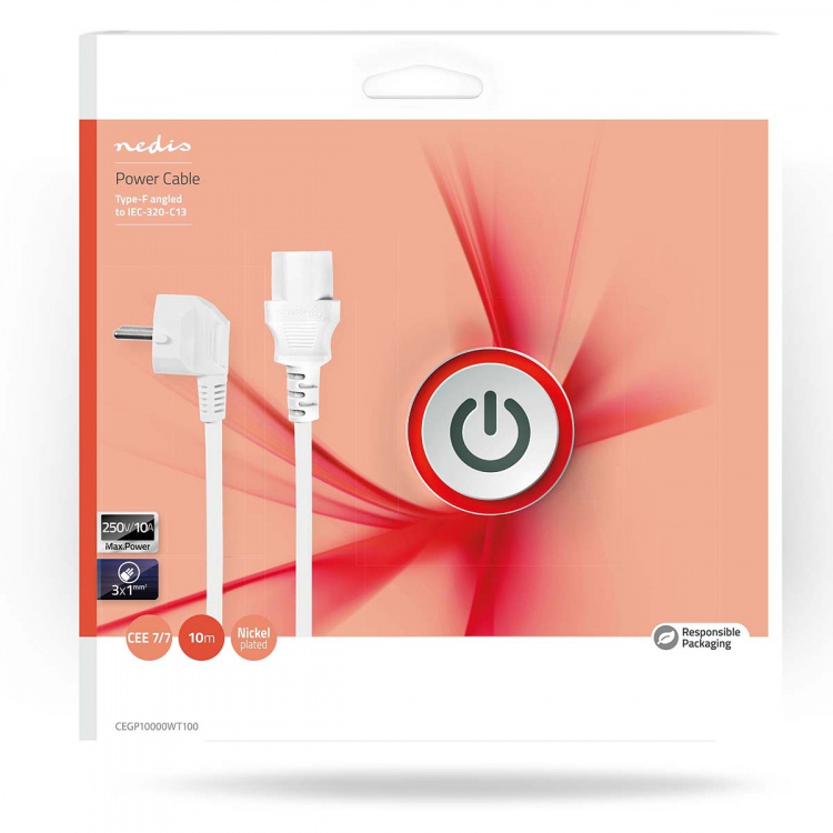 Nedis Stroomkabel | Type F (CEE 7/7) Male | IEC-320-C13 | Gehoekt | Recht | Vernikkeld | 10.0 m | Rond | PVC | Wit | Doos Nedis Stroomkabel | Type F (CEE 7/7) Male | IEC-320-C13 | Gehoekt | Recht | Vernikkeld | 10.0 m | Rond | PVC | Wit | Doos
