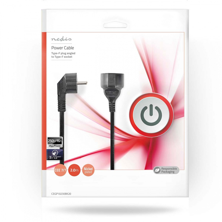 Nedis Stroomkabel | Type F (CEE 7/7) Male | Type F (CEE 7/7) Female | Gehoekt | Recht | Vernikkeld | 2.00 m | Rond | PVC | Zwart | Envelop