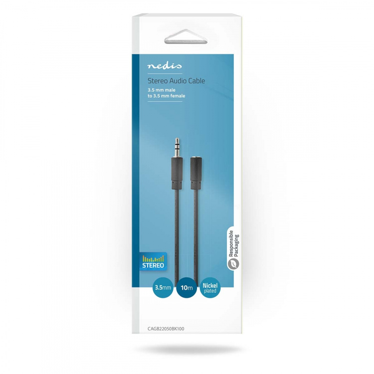 Nedis Stereo-Audiokabel | 3,5 mm Male | 3,5 mm Female | Vernikkeld | 10.0 m | Rond | Zwart | Blister