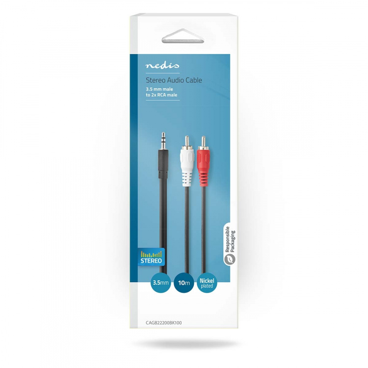 Nedis Stereo-Audiokabel | 3,5 mm Male | 2x RCA Male | Vernikkeld | 10.0 m | Rond | Zwart | Doos