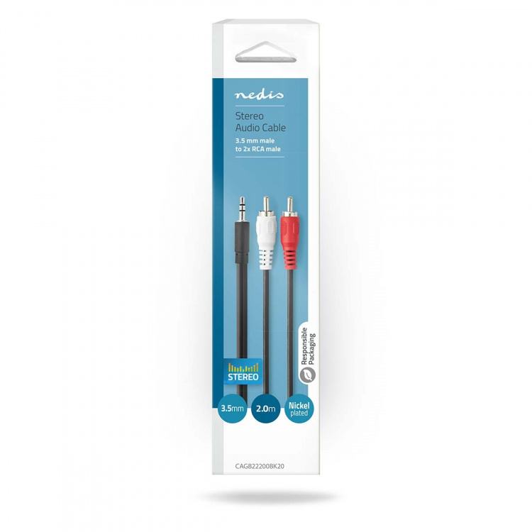 Nedis Stereo-Audiokabel | 3,5 mm Male | 2x RCA Male | Vernikkeld | 2.00 m | Rond | Zwart | Doos