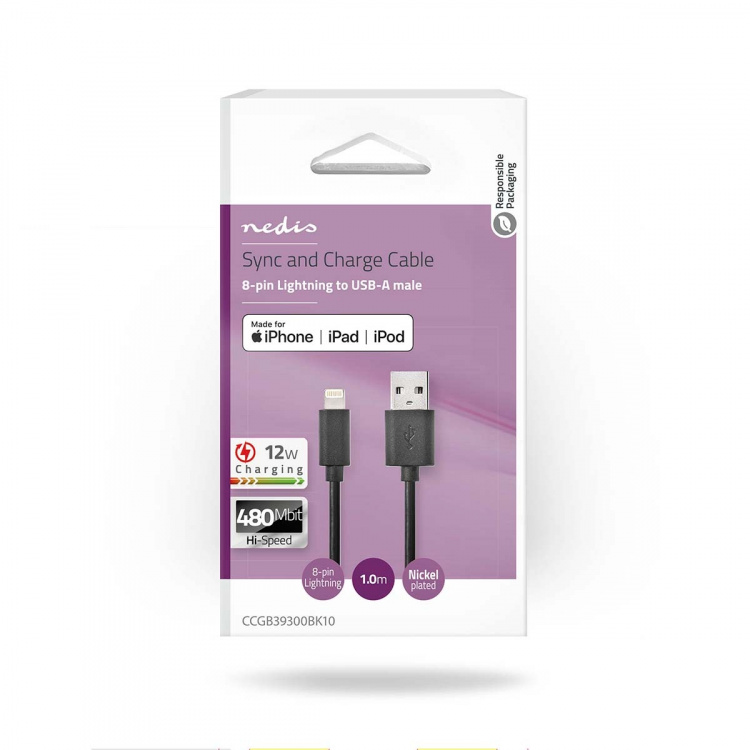 Nedis Lightning Kabel | USB 2.0 | Apple Lightning 8-Pins | USB-A Male | 480 Mbps | Vernikkeld | 1.00 m | Rond | PVC | Zwart | Doos
