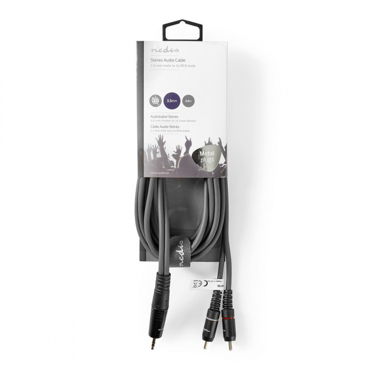 Nedis Stereo-Audiokabel | 3,5 mm Male | 2x RCA Male | Vernikkeld | 3.00 m | Rond | Donkergrijs | Kartonnen Sleeve Nedis Stereo-Audiokabel | 3,5 mm Male | 2x RCA Male | Vernikkeld | 3.00 m | Rond | Donkergrijs | Kartonnen Sleeve