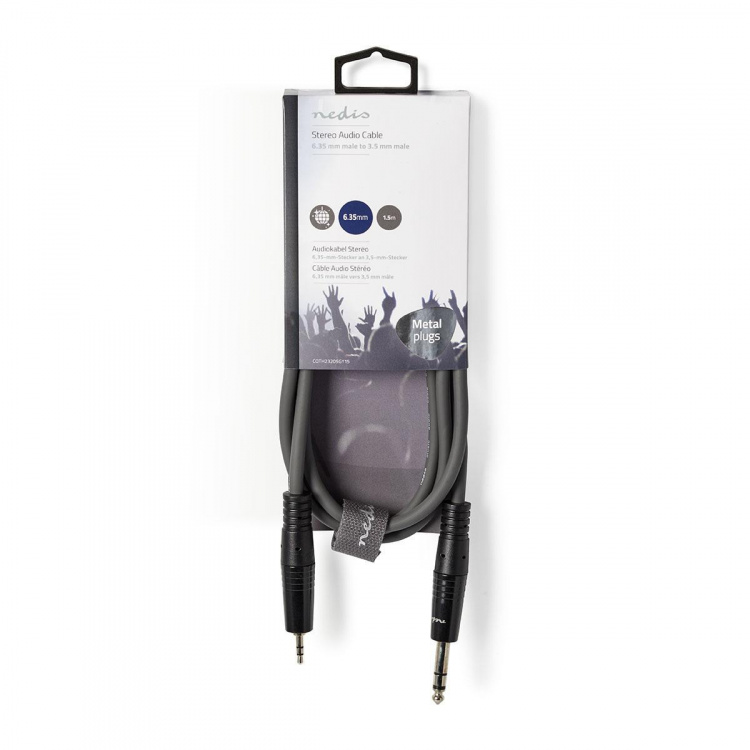 Nedis Stereo-Audiokabel | 6,35 mm Male | 3,5 mm Male | Vernikkeld | 1.50 m | Rond | Donkergrijs | Kartonnen Sleeve Nedis Stereo-Audiokabel | 6,35 mm Male | 3,5 mm Male | Vernikkeld | 1.50 m | Rond | Donkergrijs | Kartonnen Sleeve