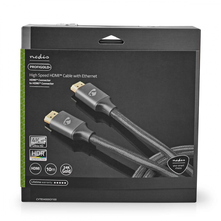 Nedis High Speed HDMI™-Kabel met Ethernet | HDMI™ Connector | HDMI™ Connector | 4K@60Hz | ARC | 18 Gbps | 10.0 m | Rond | Katoen | Gun Metal Grijs | Cover Window Box Nedis High Speed HDMI™-Kabel met Ethernet | HDMI™ Connector | HDMI™ Connector | 4K@60Hz | ARC | 18 Gbps | 10.0 m | Rond | Katoen | Gun Metal Grijs | Cover Window Box