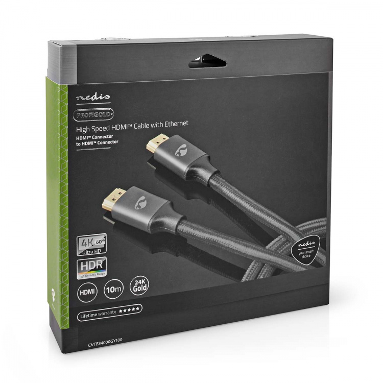 Nedis High Speed HDMI™-Kabel met Ethernet | HDMI™ Connector | HDMI™ Connector | 4K@60Hz | ARC | 18 Gbps | 10.0 m | Rond | Katoen | Gun Metal Grijs | Cover Window Box Nedis High Speed HDMI™-Kabel met Ethernet | HDMI™ Connector | HDMI™ Connector | 4K@60Hz | ARC | 18 Gbps | 10.0 m | Rond | Katoen | Gun Metal Grijs | Cover Window Box