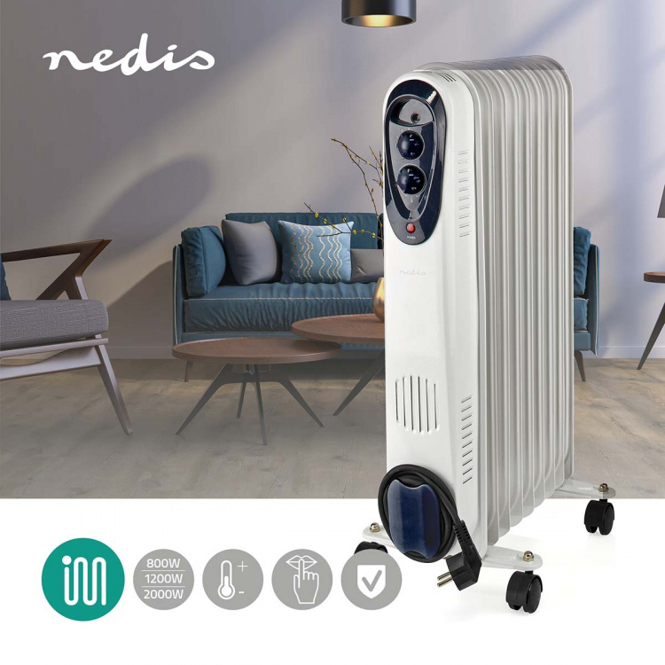Nedis Mobiele Olieradiator | 800 / 1200 / 2000 W | 9 Vinnen | Instelbare thermostaat | 3 Warmte Standen | Omvalpreventie | Wit
