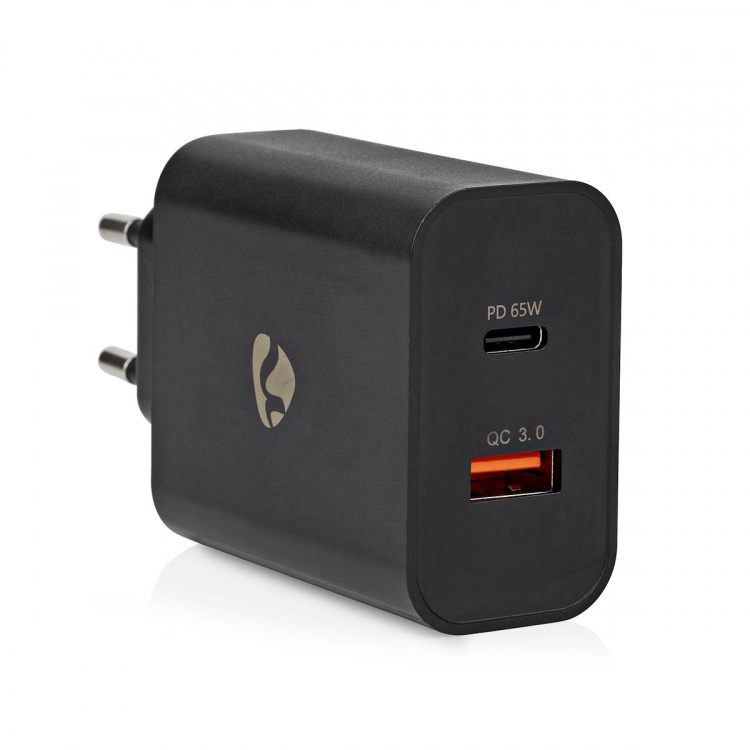 Nedis Oplader | 65 W | Snellaad functie | 2.0 / 2.25 / 3.25 A | Outputs: 2 | USB-A / USB-C™ | Automatische Voltage Selectie | Zwart