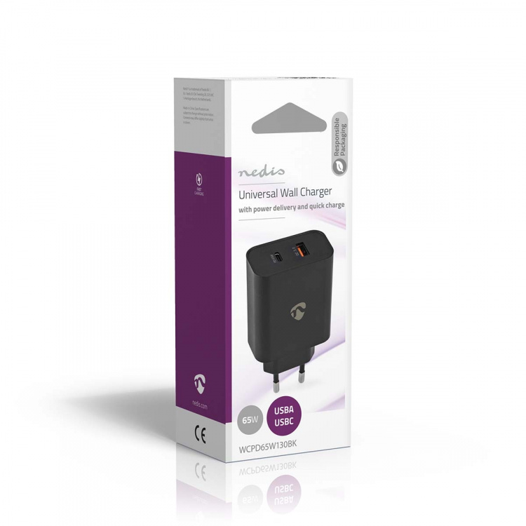 Nedis Oplader | 65 W | Snellaad functie | 2.0 / 2.25 / 3.25 A | Outputs: 2 | USB-A / USB-C™ | Automatische Voltage Selectie | Zwart