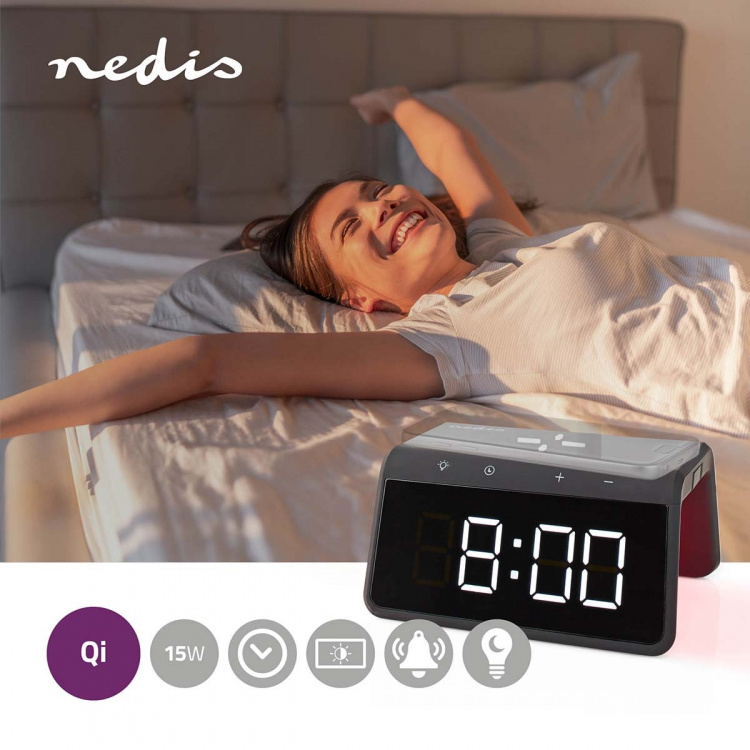 Nedis Wekker met Draadloze Lader | Qi gecertificeerd | 5 / 7.5 / 10 / 15 W | USB-A Male | Nachtlamp | 2 Alarmtijden | Snoozefunctie Nedis Wekker met Draadloze Lader | Qi gecertificeerd | 5 / 7.5 / 10 / 15 W | USB-A Male | Nachtlamp | 2 Alarmtijden | Snoozefunctie