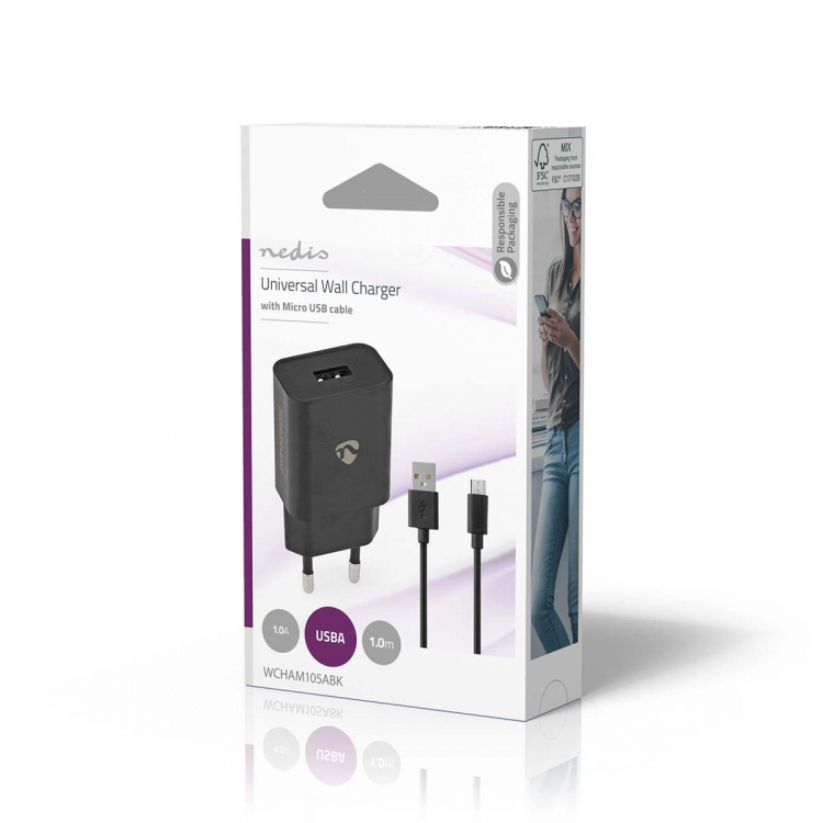 Nedis Oplader | 5 W | 1.0 A | Outputs: 1 | USB-A | Micro-USB | 1.00 m | Single Voltage Output | Zwart