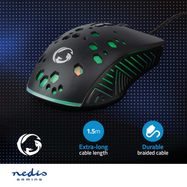 Nedis Gaming Muis | Bedraad | 800 / 1200 / 2400 / 3200 / 4800 / 7200 dpi | Instelbare DPI | Aantal knoppen: 7 | Programmeerbare knoppen | Rechtshandig | 1.50 m | RGB