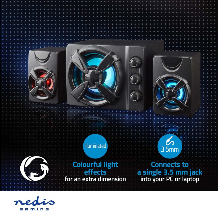 Nedis Gaming Speaker | Speaker-kanalen: 2.1 | USB Gevoed | 3,5 mm Male | 33 W | LED | Volumebediening Nedis Gaming Speaker | Speaker-kanalen: 2.1 | USB Gevoed | 3,5 mm Male | 33 W | LED | Volumebediening
