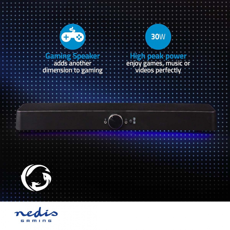 Nedis Gaming Speaker | Speaker-kanalen: 2.0 | USB Gevoed | 3,5 mm Male | 30 W | LED | Volumebediening | Uitgangen audio / video / data: 1x 3.5 mm
