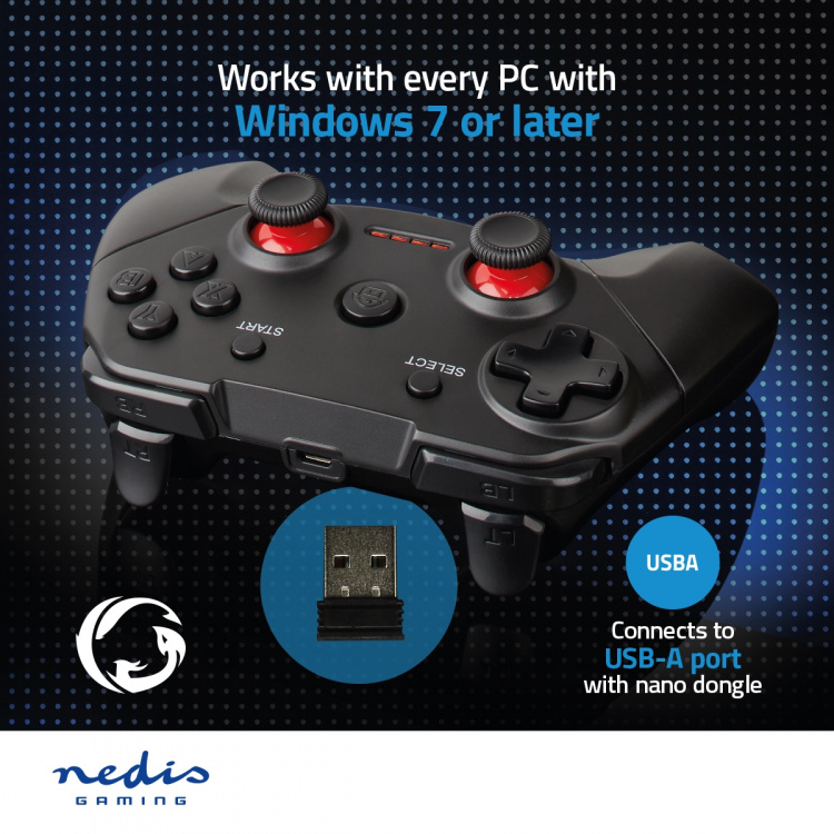 Nedis Gamepad | Draadloos | Batterij Gevoed | PC | Aantal knoppen: 11 | Kabellengte: 1.00 m | Zwart
