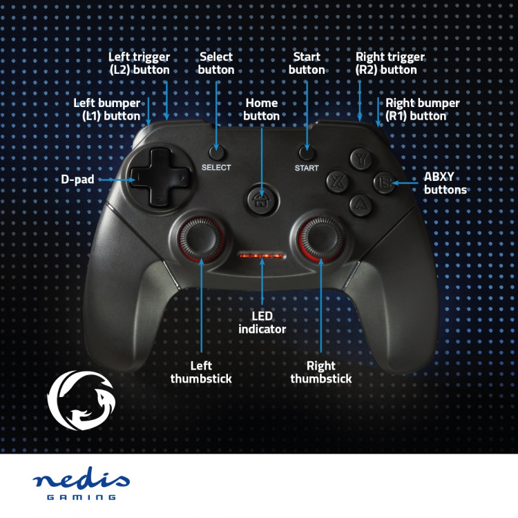 Nedis Gamepad | Draadloos | Batterij Gevoed | PC | Aantal knoppen: 11 | Kabellengte: 1.00 m | Zwart