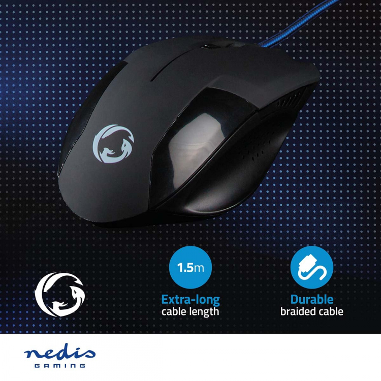 Nedis Gaming Muis | Bedraad | 1200 / 2400 / 4800 / 7200 dpi | Instelbare DPI | Aantal knoppen: 6 | Programmeerbare knoppen | Rechtshandig | 1.50 m | Zonder Verlichting