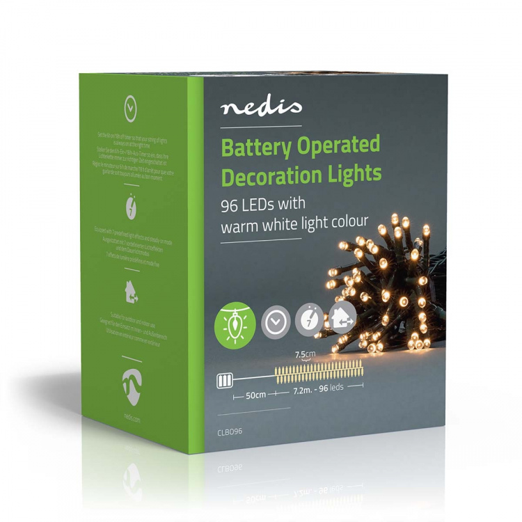 Nedis Kerstverlichting | Koord | 96 LED\'s | Warm Wit | 7.20 m | Licht effecten: 7 | Binnen & Buiten | Batterij Gevoed