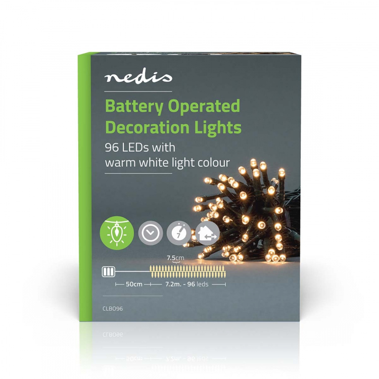 Nedis Kerstverlichting | Koord | 96 LED\'s | Warm Wit | 7.20 m | Licht effecten: 7 | Binnen & Buiten | Batterij Gevoed