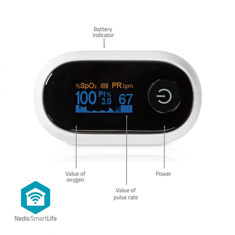 Nedis SmartLife Pulse Oximeter | Bluetooth® | LED | Anti-bewegingsinterferentie / Auditief alarm / Hoge precisie sensor / Perfusie-index / Polsslag / Zuurstofverzadiging (SpO2) | Wit