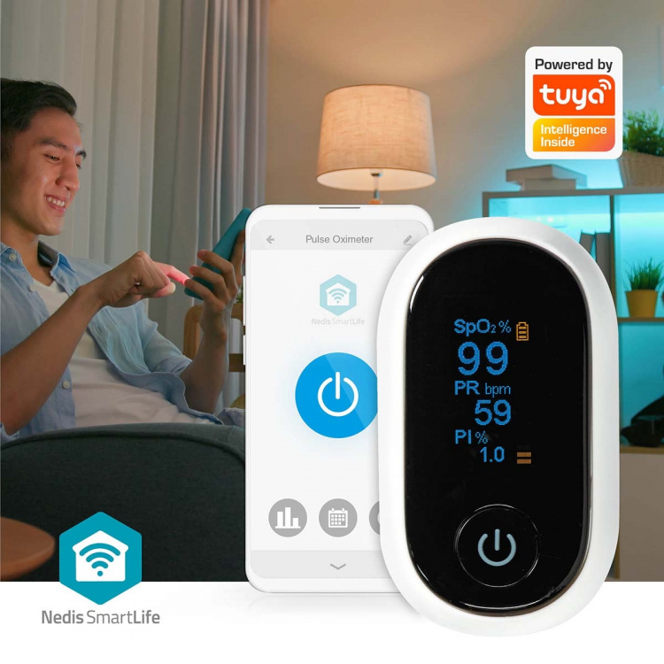 Nedis SmartLife Pulse Oximeter | Bluetooth® | LED | Anti-bewegingsinterferentie / Auditief alarm / Hoge precisie sensor / Perfusie-index / Polsslag / Zuurstofverzadiging (SpO2) | Wit