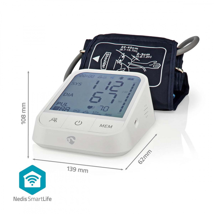 Nedis SmartLife Bloeddrukmeter | Arm | Bluetooth® | LCD | 22 - 42 cm | Aanduiding van stil houden / Detectie van onregelmatige hartslag / Detectie voor het dragen van armband | Wit Nedis SmartLife Bloeddrukmeter | Arm | Bluetooth® | LCD | 22 - 42 cm | Aanduiding van stil houden / Detectie van onregelmatige hartslag / Detectie voor het dragen van armband | Wit